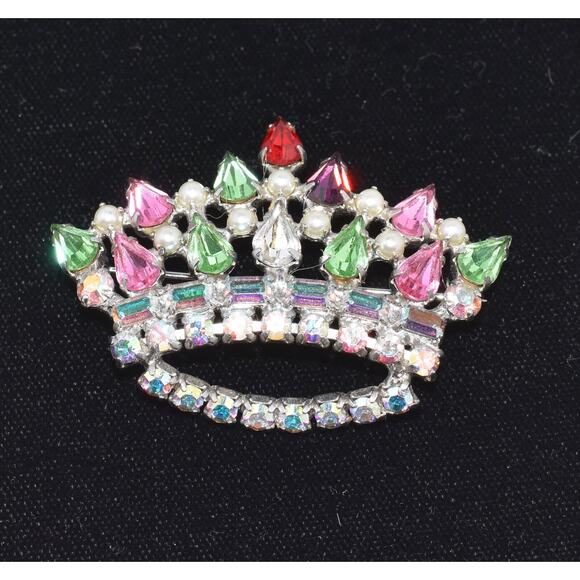 Vintage B. David Aurora Borealis, Peridot, Ruby Rhinestone Crown Brooch Signed - Picture 6 of 6